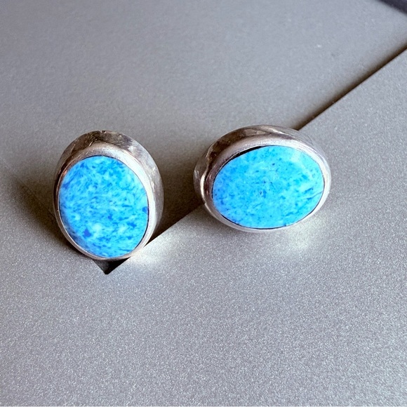 Vintage Natural Blue Sodalite Modernist Oval Stud Earrings in Sterling S… - Picture 4 of 6